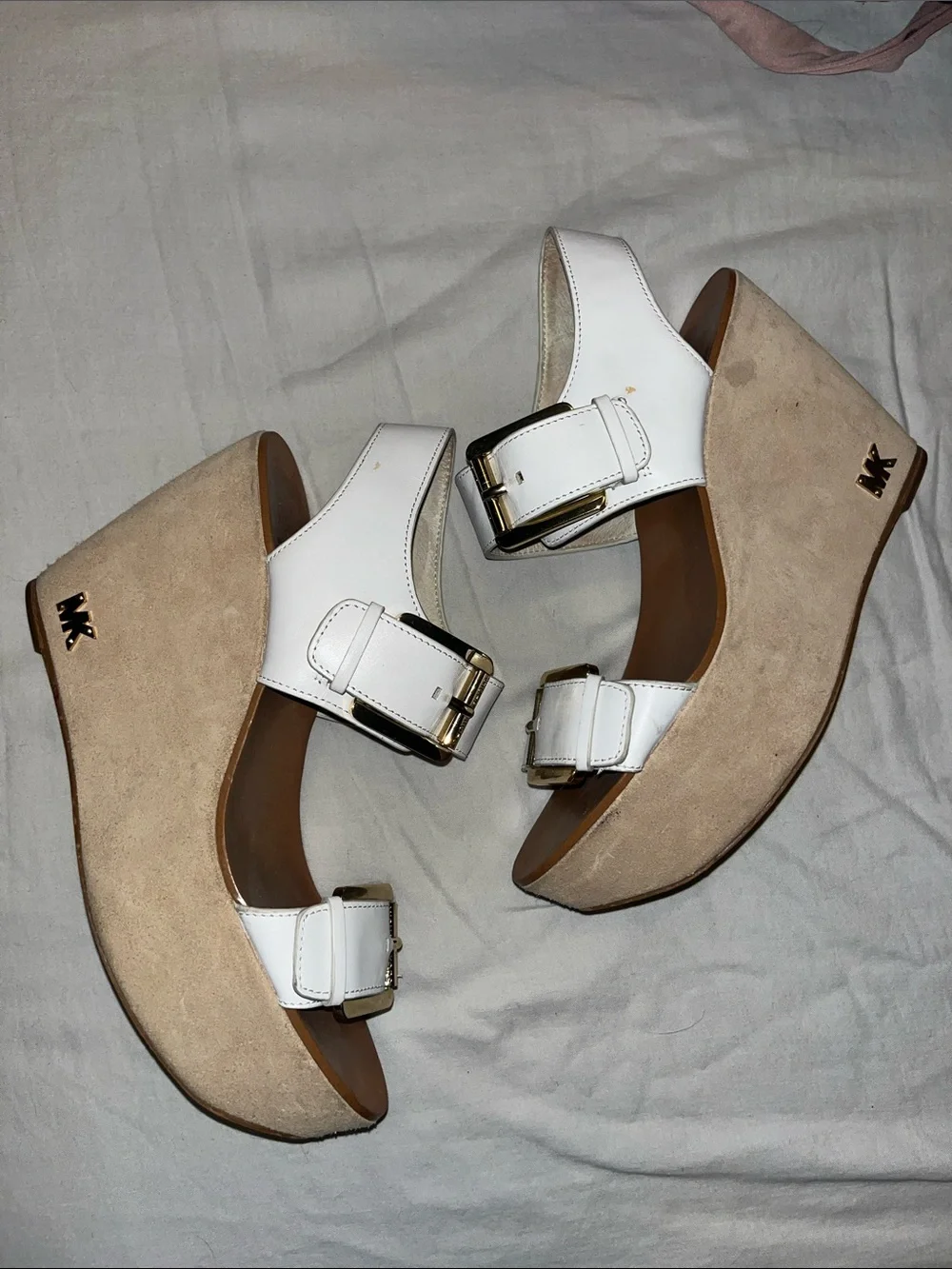 White Michael Kors Buckle Platform Sandals - Women's